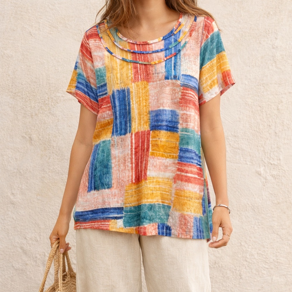 Alfred Dunner Petite Colorful Patchwork Top Boho Artsy Lagenlook Relaxed Fit M